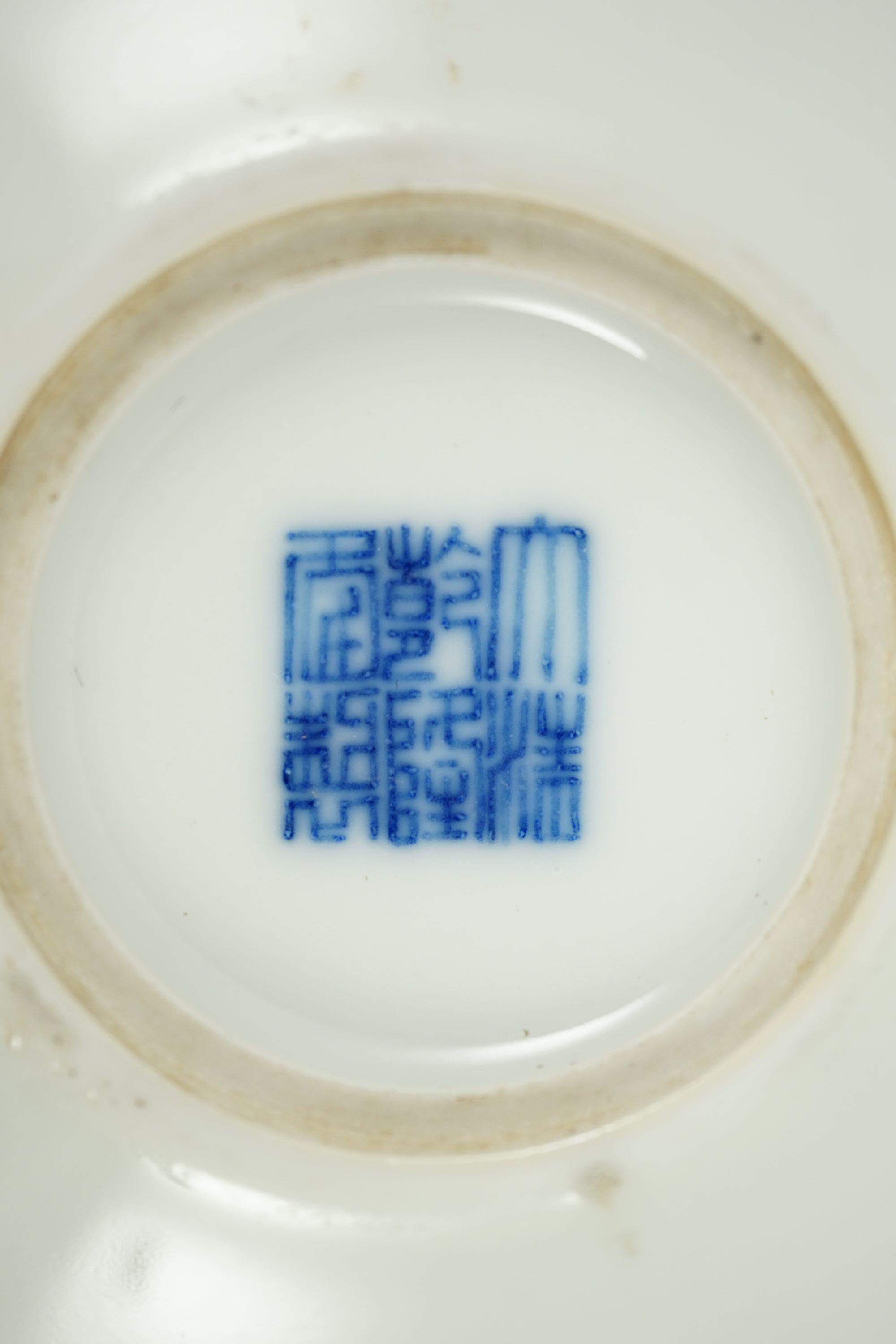 A Chinese blue and white 'dragon' brushwasher, Qianlong seal mark but Republic period, 13 cm diameter, wood stand and case